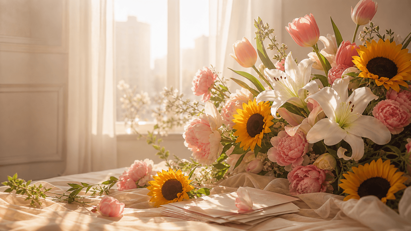 A sunlit arrangement of lilies, tulips, sunflowers, and peonies