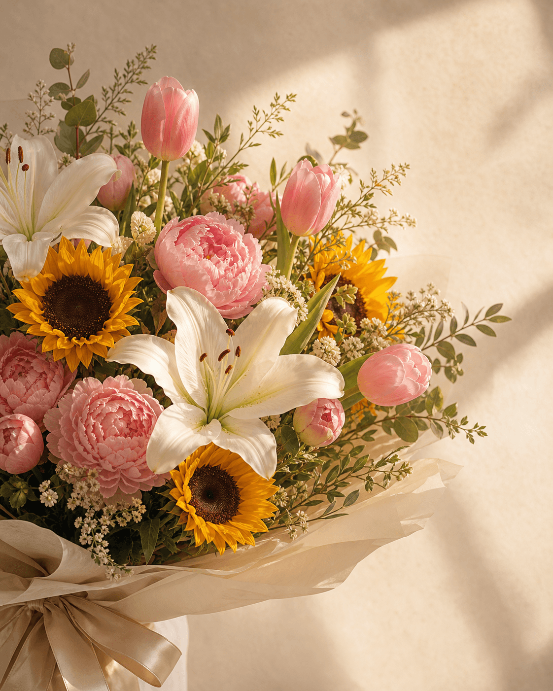 A bouquet of lilies, tulips, sunflowers, and peonies